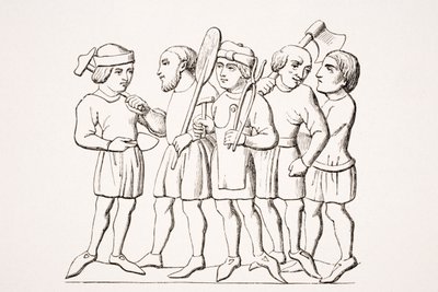 Craftsmen, reproduction of a miniature in a 14th century manuscript, from 